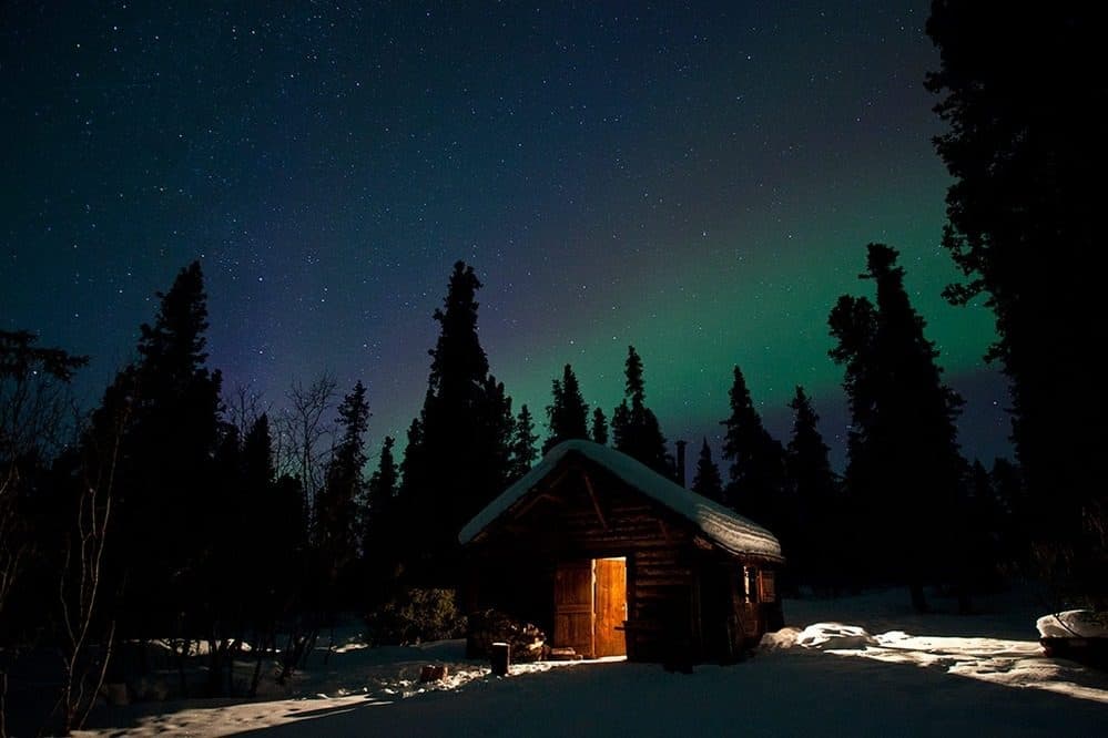 A log cabin with its doorway lit from inside, among spruce trees under stars and a faint green aurora
